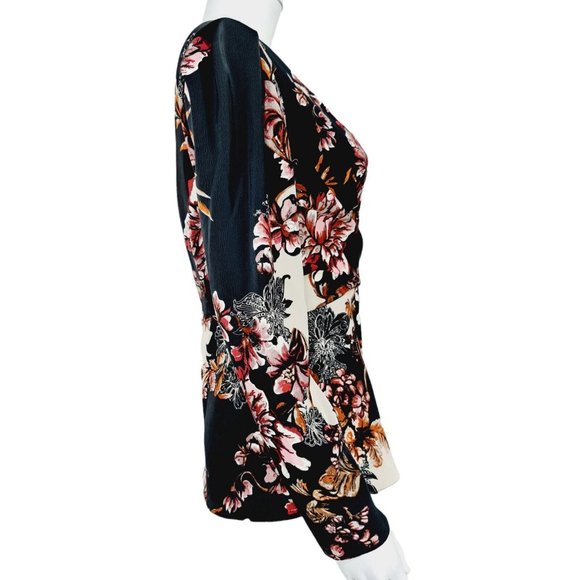 River Island Black Floral Long Sleeve Faux Wrap Top UK 8 V-Neck - Picture 2 of 5